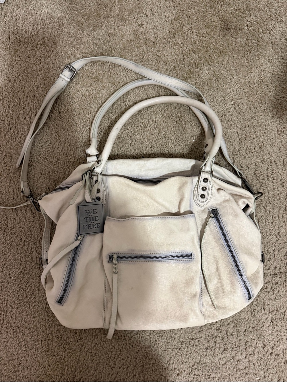 We The Free Ivory Leather Multi-Pocket Shoulder Bag
